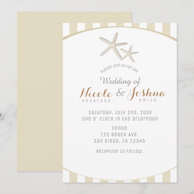 Starfish Tan Striped Modern Minimal Beach Wedding Invitation (Front/Back)