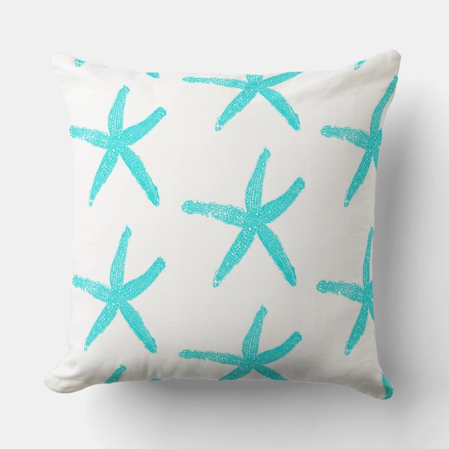Starfish Teal Blue White Cute Patterns Cotton Throw Pillow (Front)