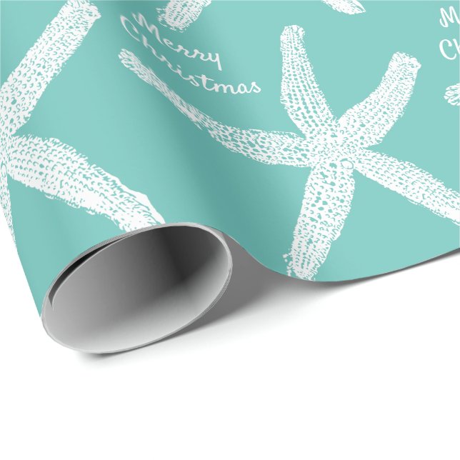 Starfish Teal White Beach Merry Christmas 2023 Wrapping Paper (Roll Corner)