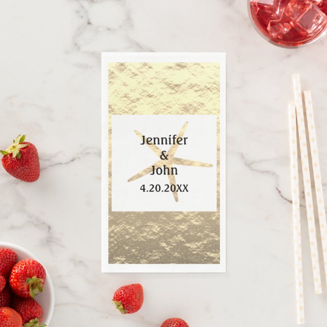 Starfish Tropical Gold White Couple Name Wedding Napkin (Insitu)