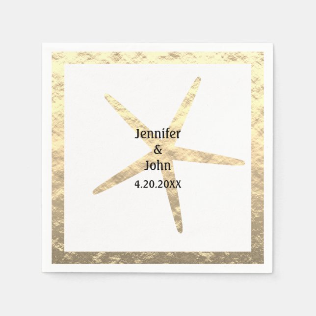 Starfish Tropical Gold White Couple Name Wedding Napkin (Front)