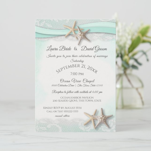 Starfish Tropical Vintage Beach Mint Wedding  Invitation (Standing Front)