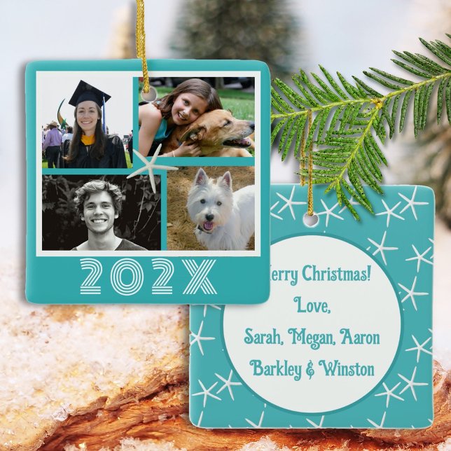 Starfish Turquoise Family Photo Collage Dated Ceramic Ornament (Creator Uploaded)