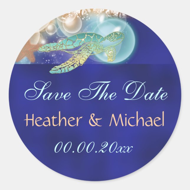 Starfish turtle wedding save the date classic round sticker (Front)