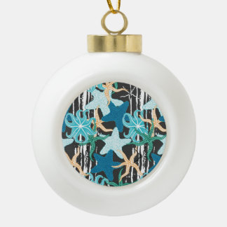 Starfish Vintage: Dark Striped Background. Ceramic Ball Christmas Ornament