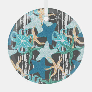 Starfish Vintage: Dark Striped Background. Glass Ornament