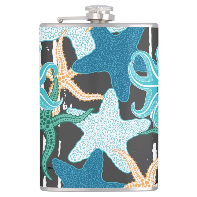 Starfish Vintage: Dark Striped Background. Hip Flask (Front)