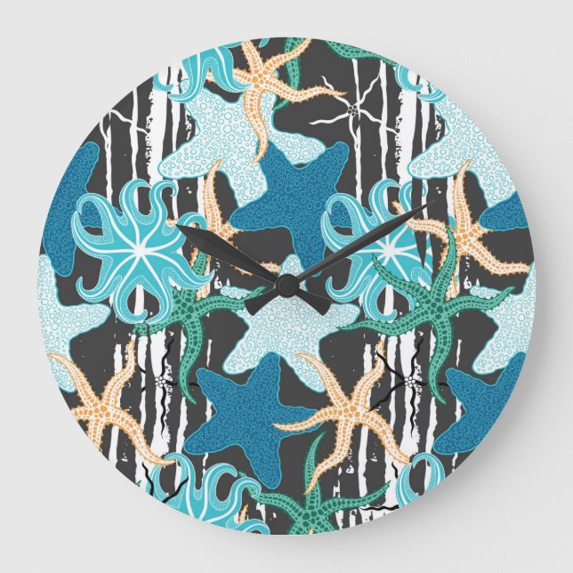 Starfish Vintage: Dark Striped Background. Large Clock (Front)