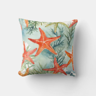 Starfish Watercolor Ocean Coastal Throw Pillow