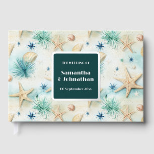 Starfish watercolor pastel peach teal wedding foil guest book