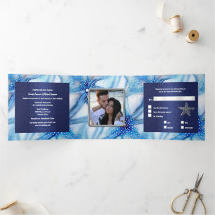 Starfish watercolor pattern couples beach photo  Tri-Fold invitation