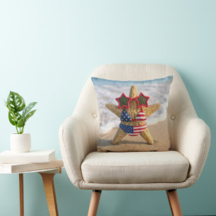 Starfish Wearing Flag Bikini and Star Sunglasses Throw Pillow