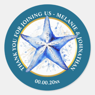 Starfish wedding blue white beach theme round classic round sticker