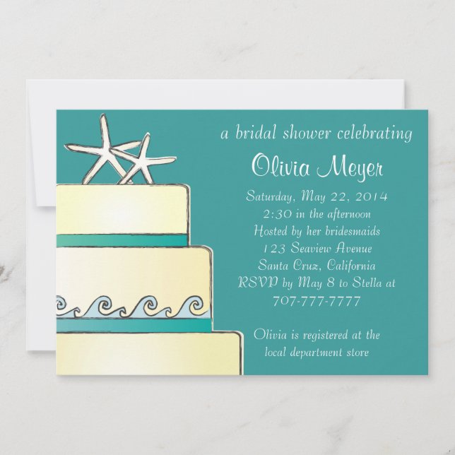 Starfish Wedding Cake Bridal Shower Invites - Teal (Front)