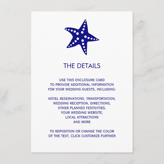 Starfish Wedding Invitation Enclosure Card, Navy (Front)