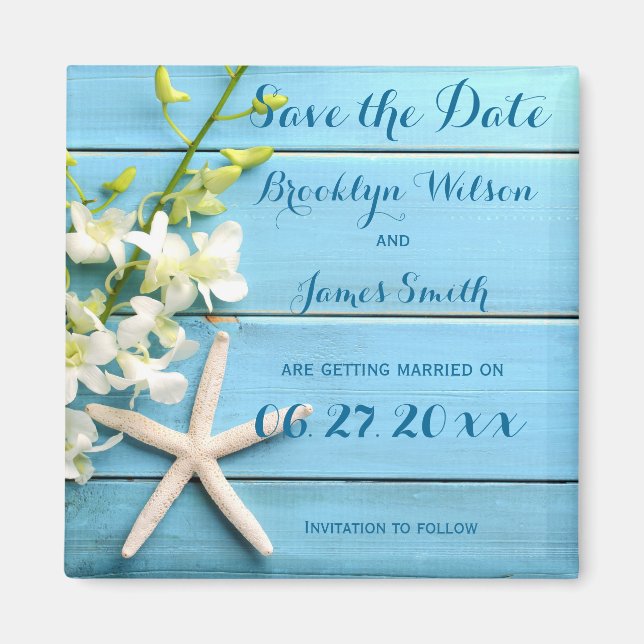 Starfish Wedding Save The Date Magnet With Orchids (Front)