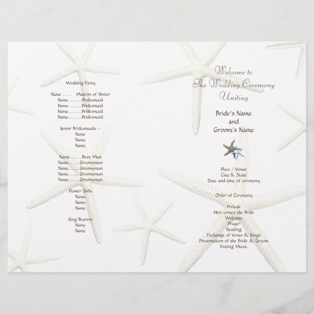 Starfish White Beach Wedding Folded Fan Program (Front)