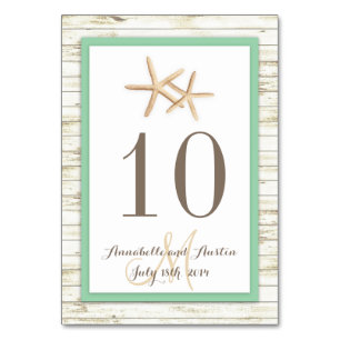 Starfish Whitewashed Wood Beach Tropical Wedding Table Number