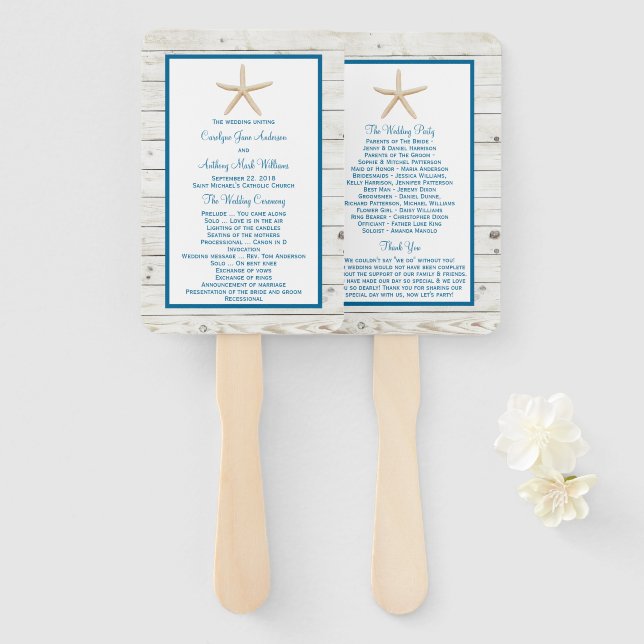 Starfish Whitewashed Wood Beach Wedding Collection Hand Fan (Front and Back)