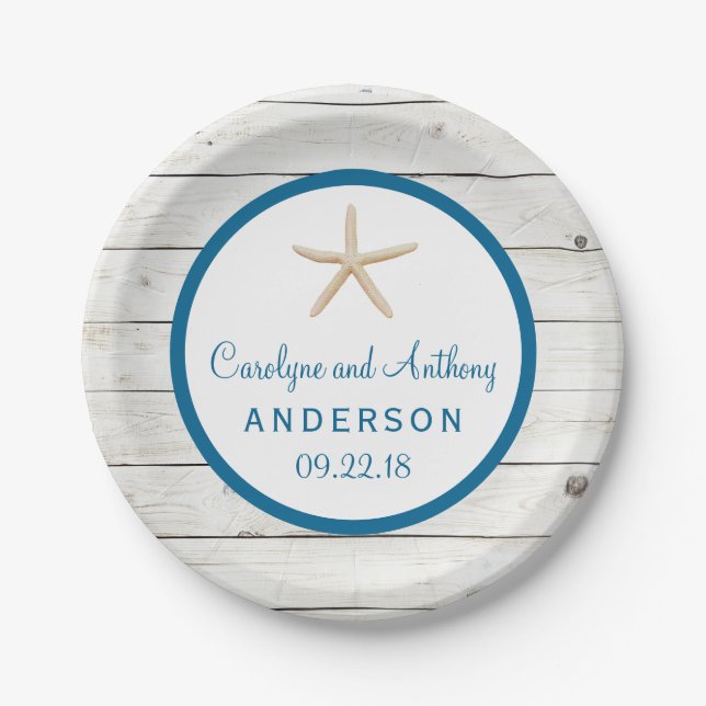 Starfish Whitewashed Wood Beach Wedding Collection Paper Plate (Front)