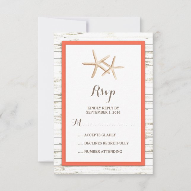 Starfish Whitewashed Wood Beach Wedding RSVP (Front)