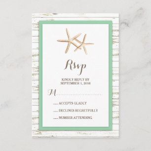 Starfish Whitewashed Wood Beach Wedding RSVP Mint Card