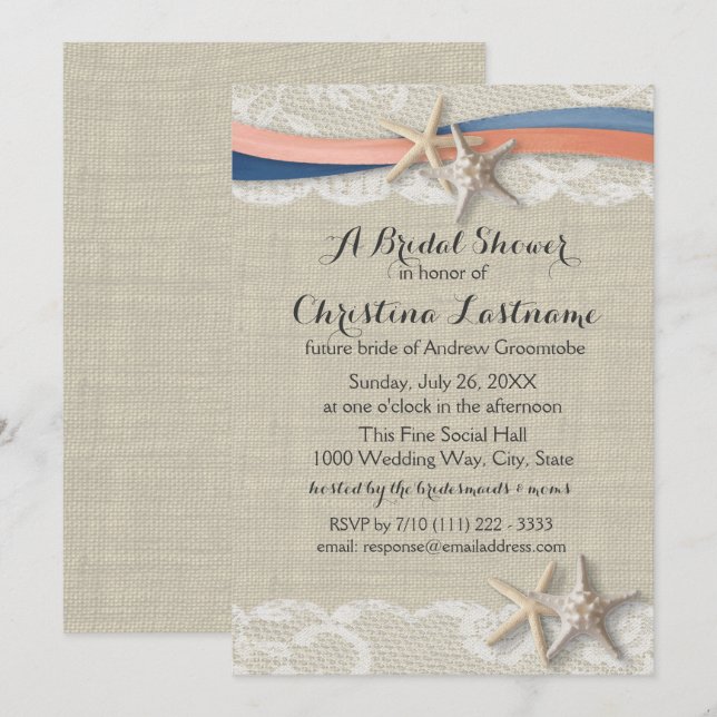Starfish with Navy and Coral Ribbon Bridal Shower Invitation (Front/Back)