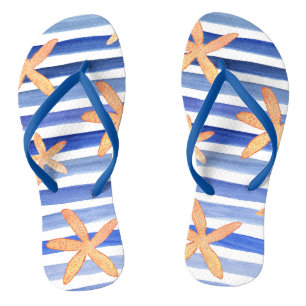 Starfish with stripes whimsical watercolor flip flops