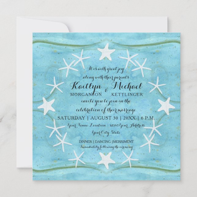 Starfish Wreath Ocean Beach Watercolor Blue Shells Invitation (Front)