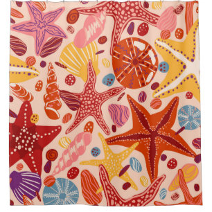Starfishes, shells and stones flat hand drawn Vint