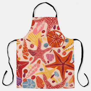 Starfishes, shells and stones flat hand drawn Vint Apron
