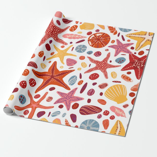 Starfishes, shells and stones flat hand drawn vint wrapping paper (Unrolled)