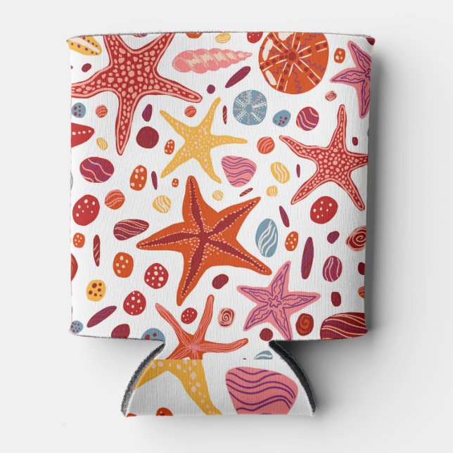 Starfishes, Shells, Stones Seamless Pattern. Can Cooler (Front)