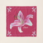 Stargazer Lilies Square Chiffon Scarf Personalized<br><div class="desc">Personalized Stargazer Lilies in White,  Hibiscus Pink and Venetian Red on Shiraz Red  Background with Very Light Blue  Monogram. 

Photographic image used released under CC0.</div>