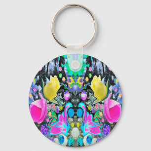 Stargazer Lily, Rose and Pink Hibiscus Collage Keychain