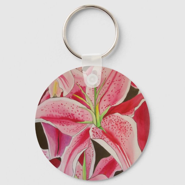 Stargazer pink lily watercolor art flower keychain (Front)