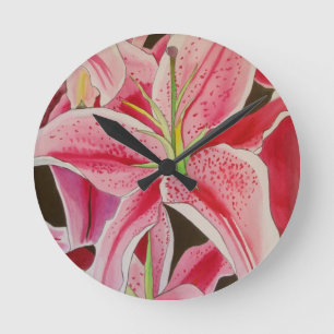 Stargazer pink lily watercolor art flower round clock
