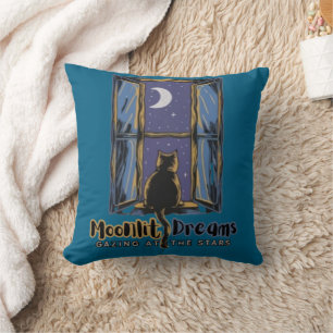 Stargazing Feline: Black Cat in a Magical Night Throw Pillow