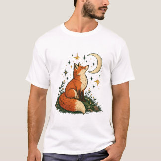 Stargazing Fox Crescent Moon and Stars T-Shirt
