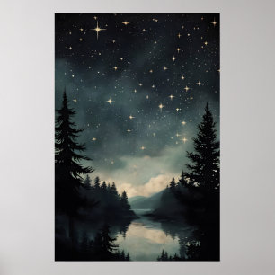 Stargazing Night Landscape Print, Vintage Moon Poster