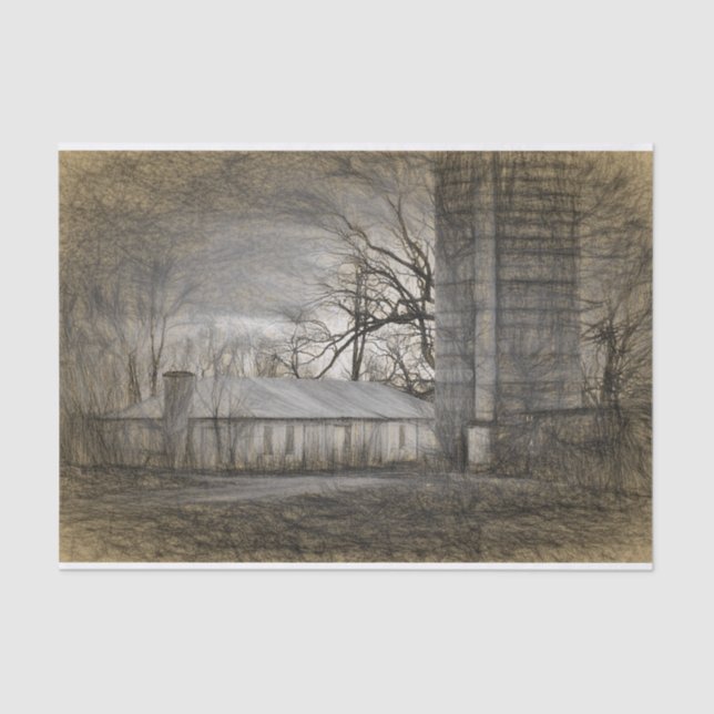 Stark Barn and Silo in Haunted Surroundings Tissue Paper (Front)