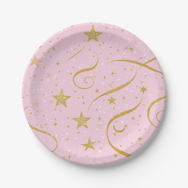 Starlight Blush – Pink & Gold Star Paper Plate (Front)