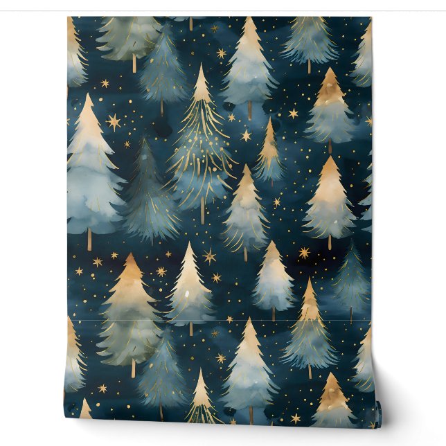 Starlight Evergreen Dreams Botanical Wallpaper (Unrolling)