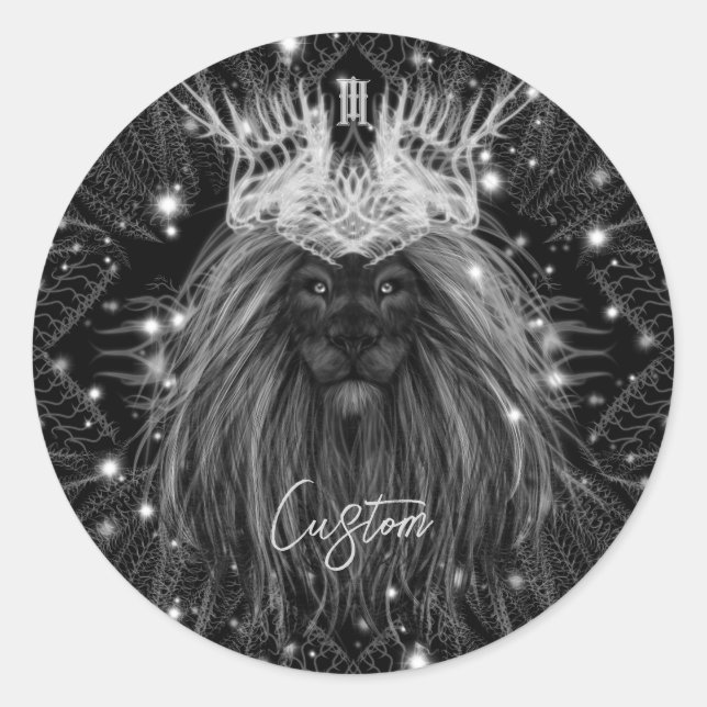 Starlight Lion with Crown Monogram Classic Round Sticker (Front)