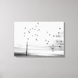 Starling Birds Flying by Hydro Wires Stark Scene Canvas Print