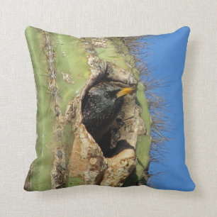 Starling in Saguaro Cactus Photo Southwest Bird Throw Pillow