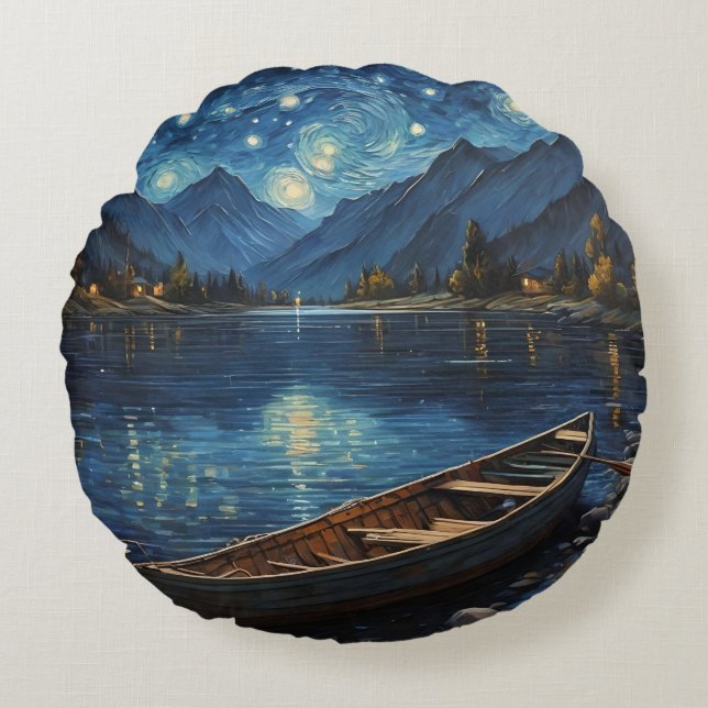 "Starlit Drift: Fishing Under the Cosmos Round Pillow (Front)