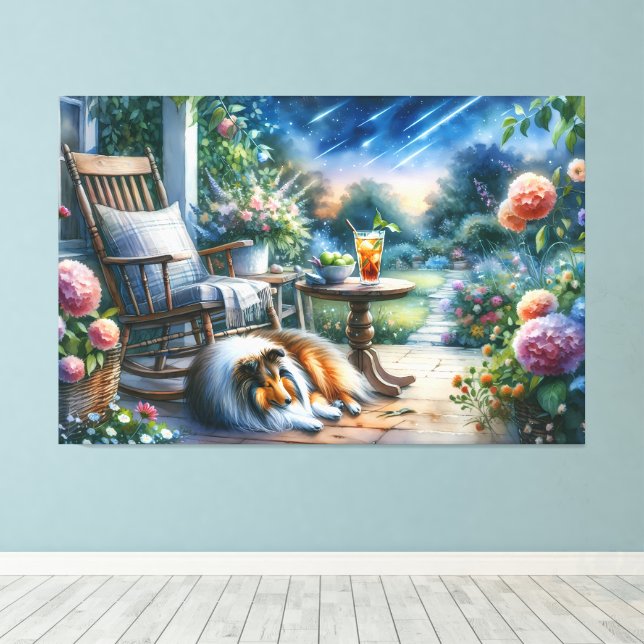 Starlit Garden Porch Sheltie Dream Canvas Print (Insitu(Wood Floor))