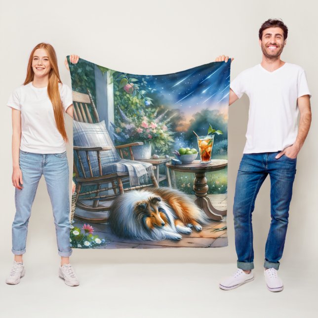 Starlit Garden Porch Sheltie Dream Fleece Blanket (In Situ)