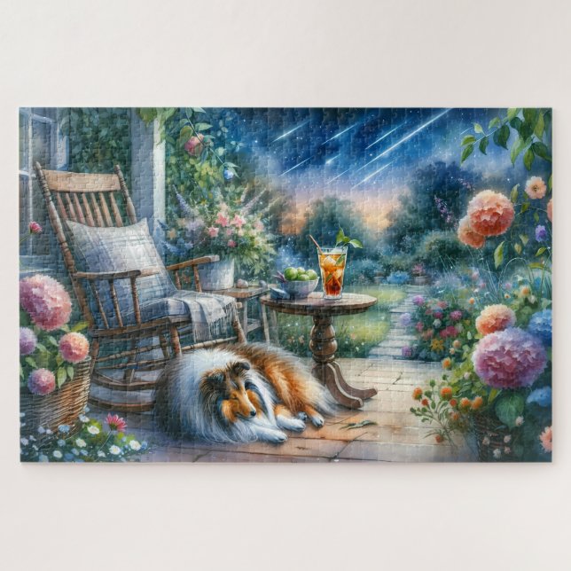 Starlit Garden Porch Sheltie Dream Jigsaw Puzzle (Horizontal)